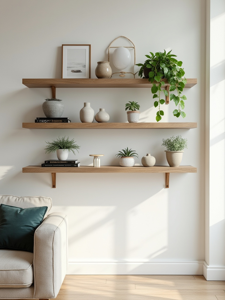 Modern living room with natural wood floating shelves displaying curated collectibles, art books, and various potted plants like succulents and Pothos, enhancing wall decor.