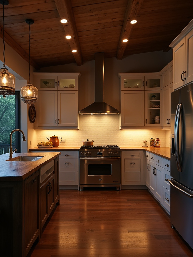 Farmhouse kitchen with smart home lighting, showcasing automated dimming and convenient control from integrated smart systems.