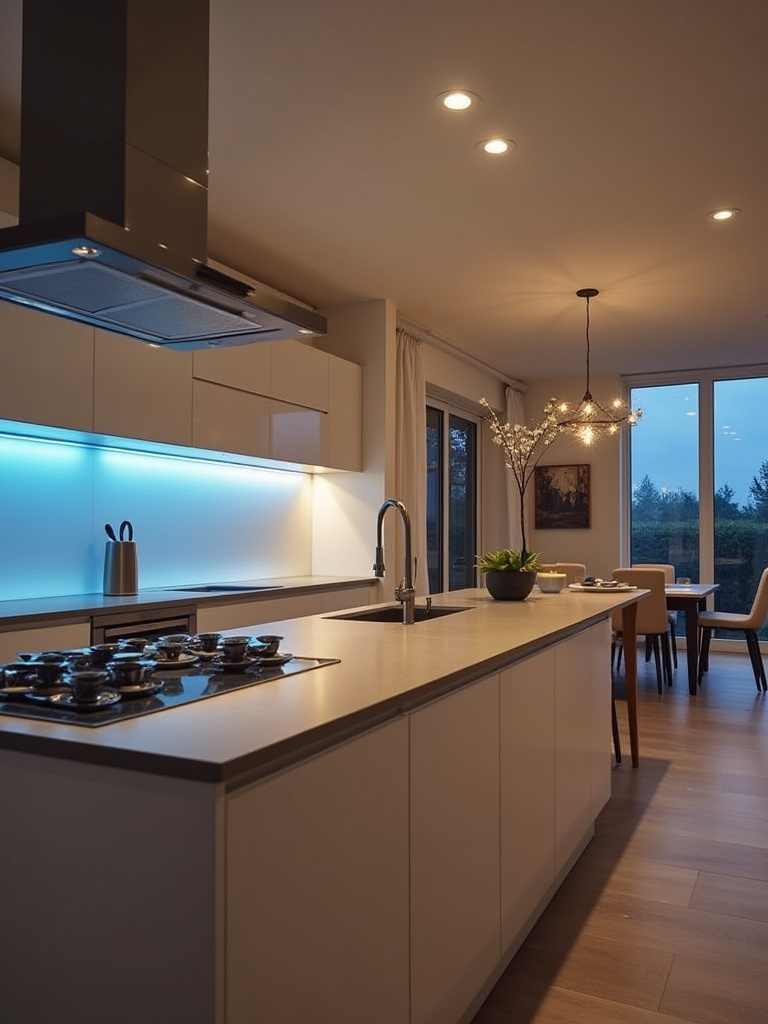 Portrait of a modern kitchen with smart lighting controls and ambient lighting
