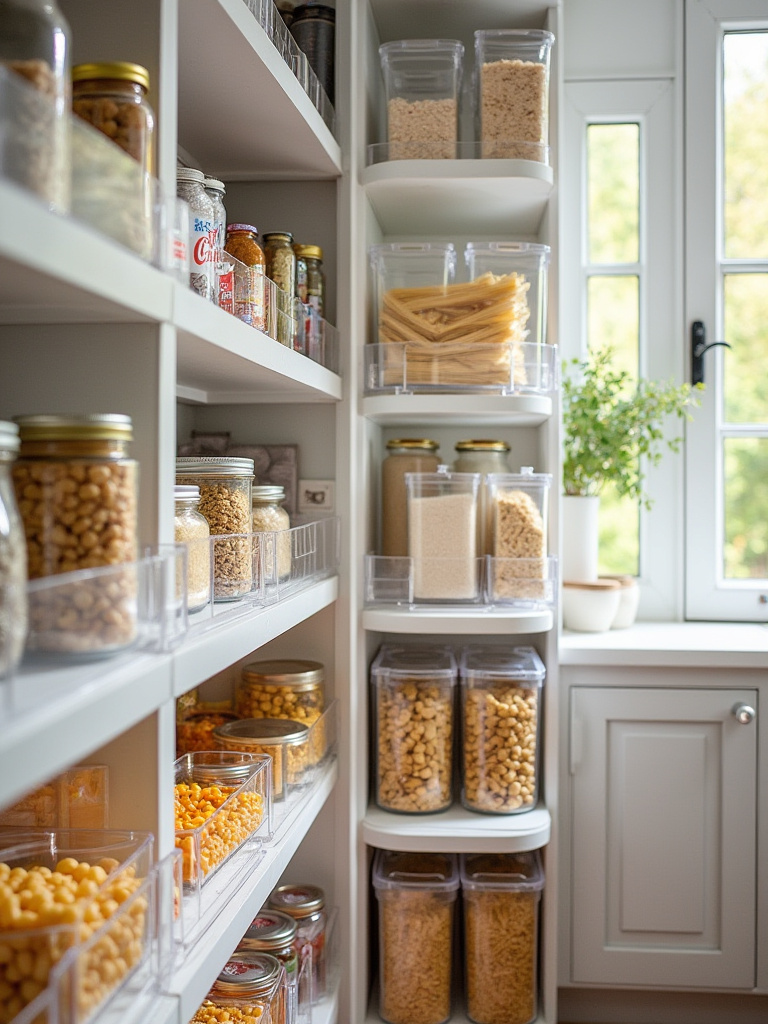Neatly organized kitchen pantry shelves with clear acrylic shelf risers holding canned goods and transparent stackable bins storing dry food items, demonstrating efficient vertical pantry organization.