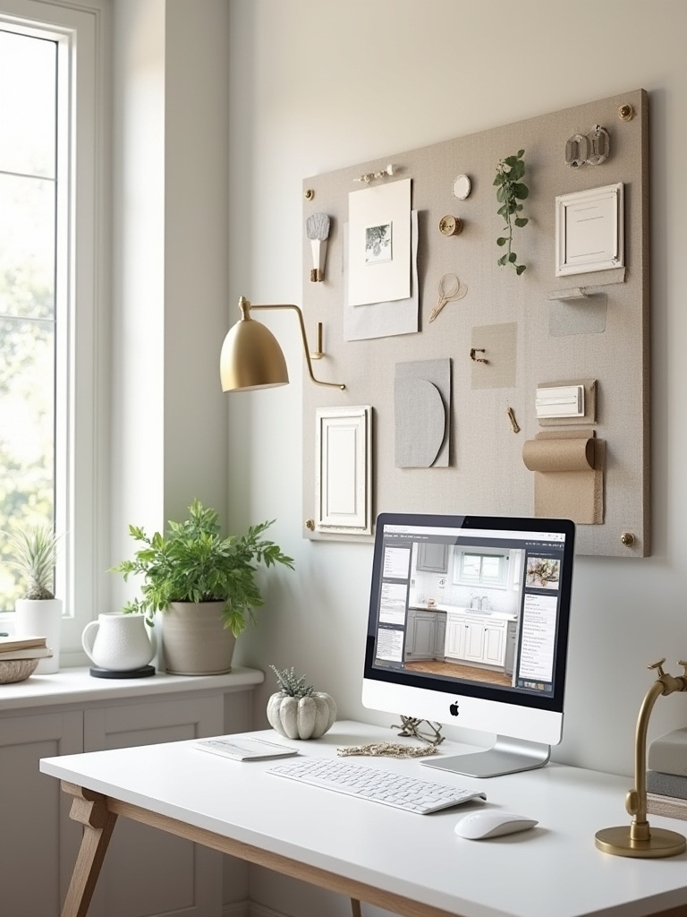 A digital mood board on a laptop screen with 3D renderings of farmhouse kitchen cabinets alongside physical swatches of materials and hardware for kitchen design vision.