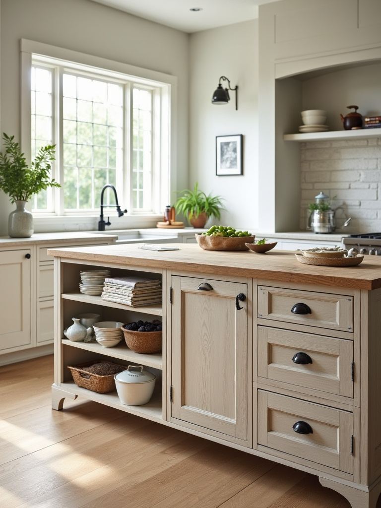 A bright farmhouse kitchen island with distressed light oak Shaker cabinets, deep storage drawers, and open shelving displaying decorative bowls and cookbooks under natural light.