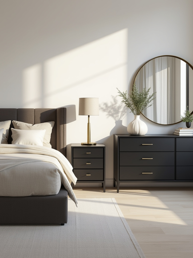 A professional photo of a sophisticated bedroom with a neutral bed flanked by two matte black nightstands and a matching black dresser with a large round mirror above, highlighting effective storage and symmetrical design.