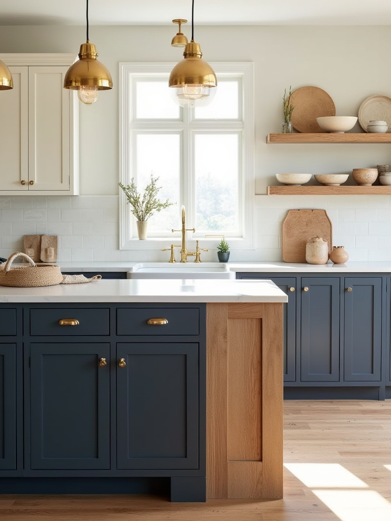 Blue kitchen with brass accents, natural wood island, and open shelving styled with ceramics and woven baskets