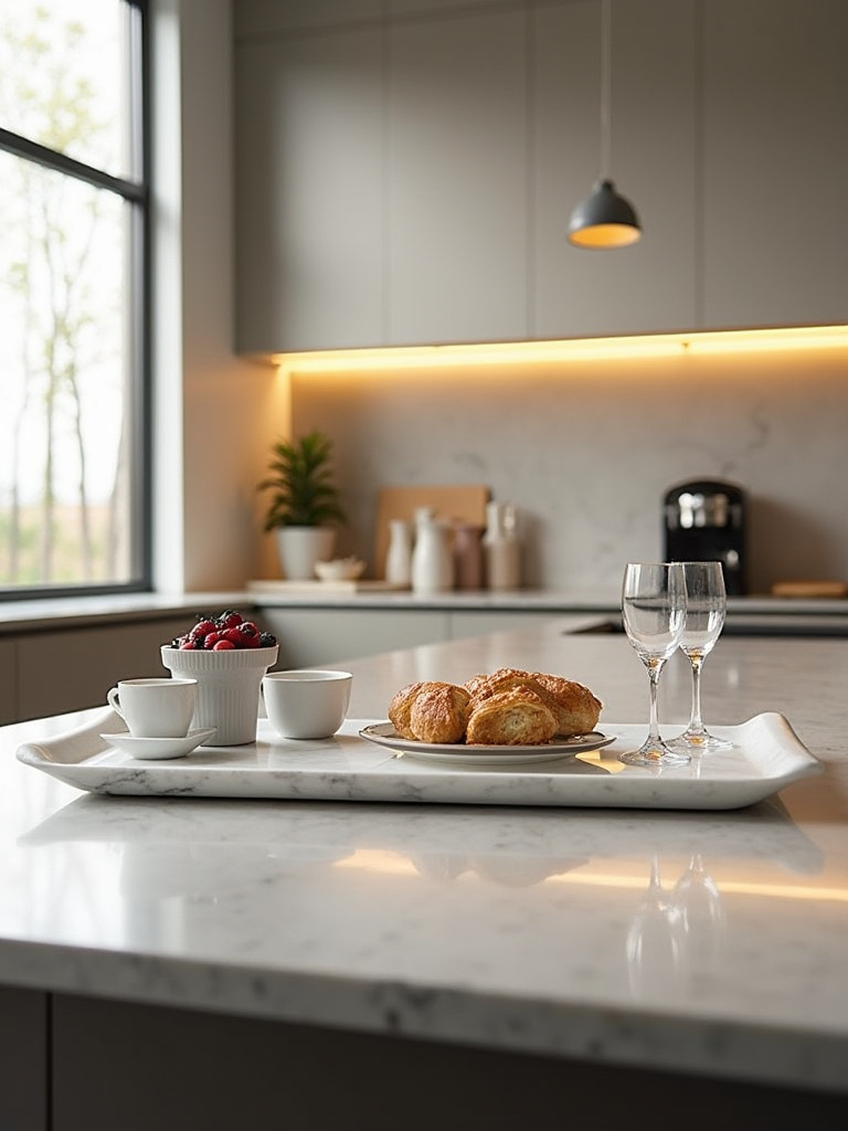 Kitchen countertop showcasing a transition from an everyday coffee station to an entertaining spread with pastries on a marble tray, demonstrating adaptable decor.