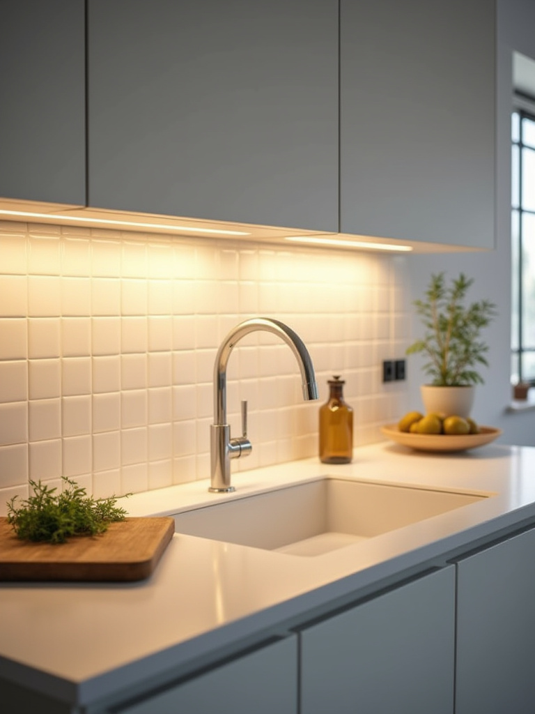 A brightly lit small kitchen sink and prep area, featuring modern under-cabinet LED task lighting. The light eliminates shadows, creating a clear and functional workspace on a clean countertop.