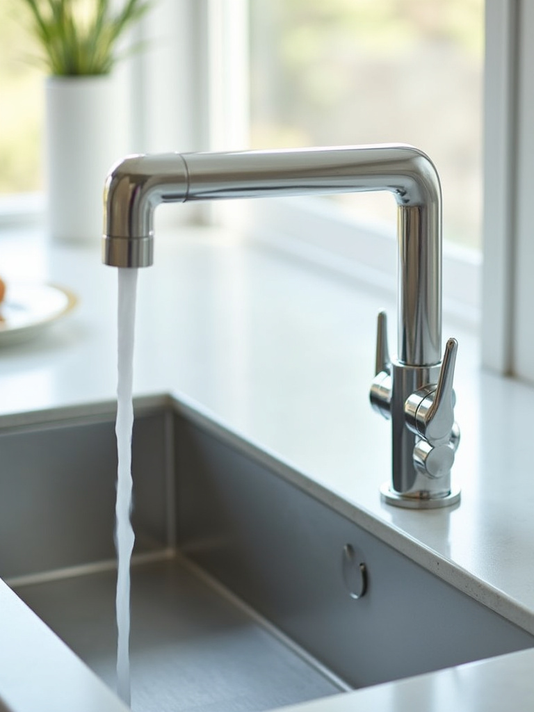 Modern kitchen sink with a chrome ret retractable pull-down faucet sprayer, extending over the basin, designed for effortless cleaning and enhanced kitchen functionality.