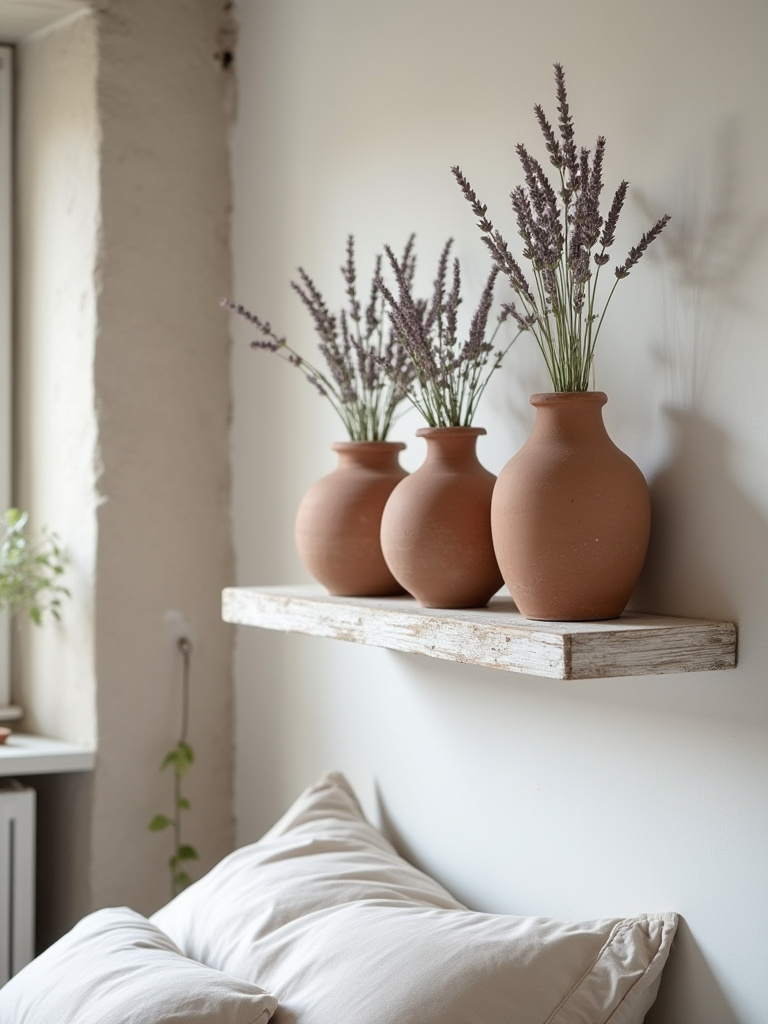 Close-up of a rustic bedroom floating shelf featuring three unglazed terracotta pottery vases filled with dried lavender, adding artisan charm.