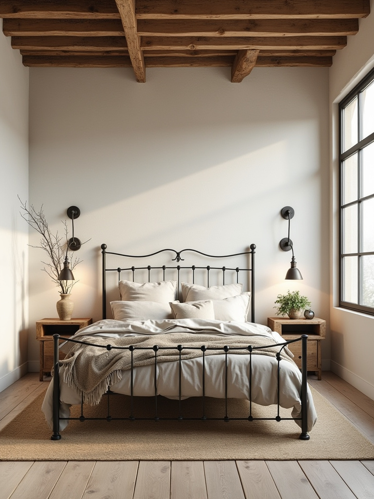 A rustic bedroom featuring a black wrought-iron bed frame, wooden nightstands with iron lamps, and warm lighting, embodying an industrial rustic style.