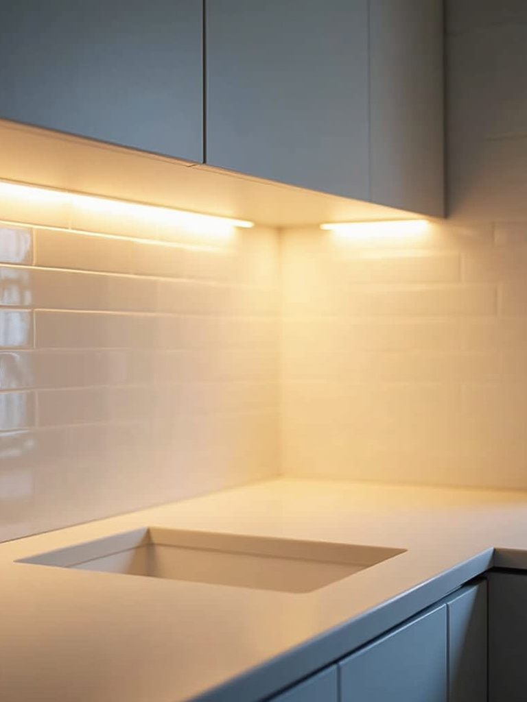 Modern kitchen with warm under-cabinet LED strip lighting illuminating a white quartz countertop and backsplash, creating an inviting glow.