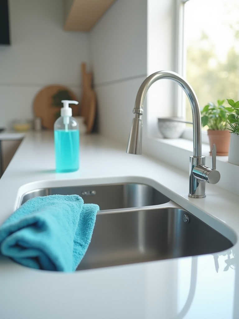 A brilliantly clean and reflective stainless steel kitchen sink, featuring a blue microfibre cloth and mild dish soap bottle on the counter, symbolizing daily cleaning habits.