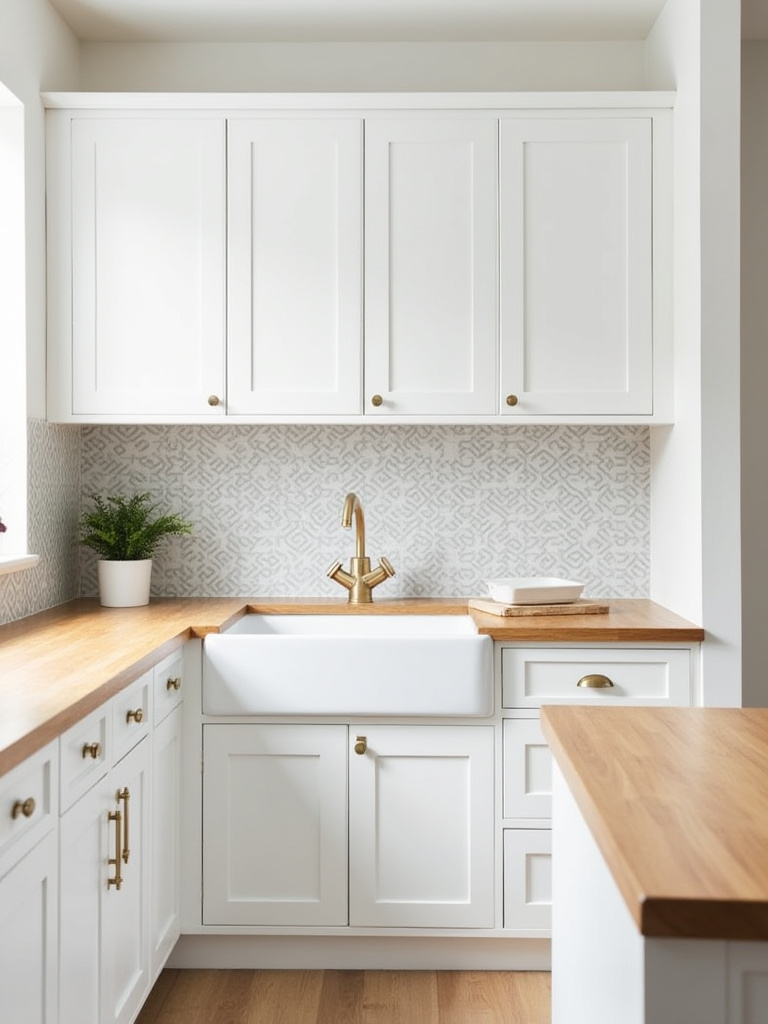 Small modern kitchen with white cabinetry and a subtle grey and white patterned removable wallpaper backsplash, creating a stylish focal point above the counter.