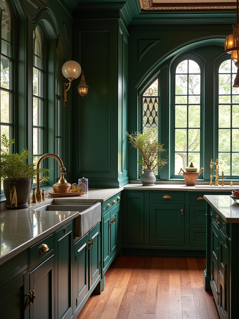 Elegant forest green shaker cabinets blending seamlessly with rich wood floors and historical architectural details in a classic kitchen setting.