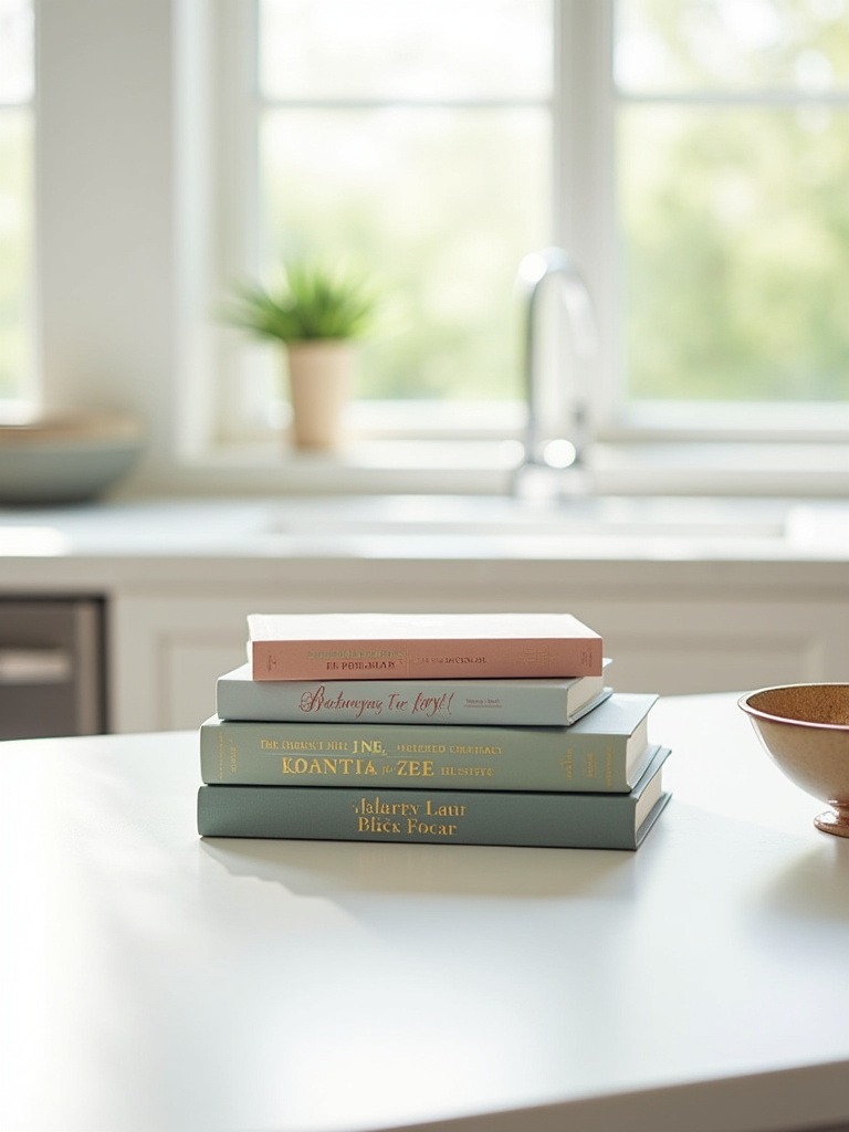Vertical stack of varied culinary books on a modern kitchen countertop, adding decorative height and personal style. Cookbooks on display, kitchen decor.