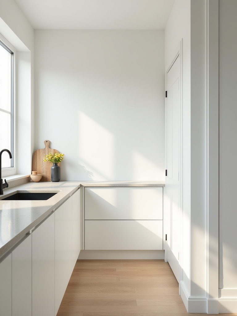 Image depicting an empty wall and space above kitchen cabinets, showcasing overlooked vertical potential for smart storage in a small kitchen.