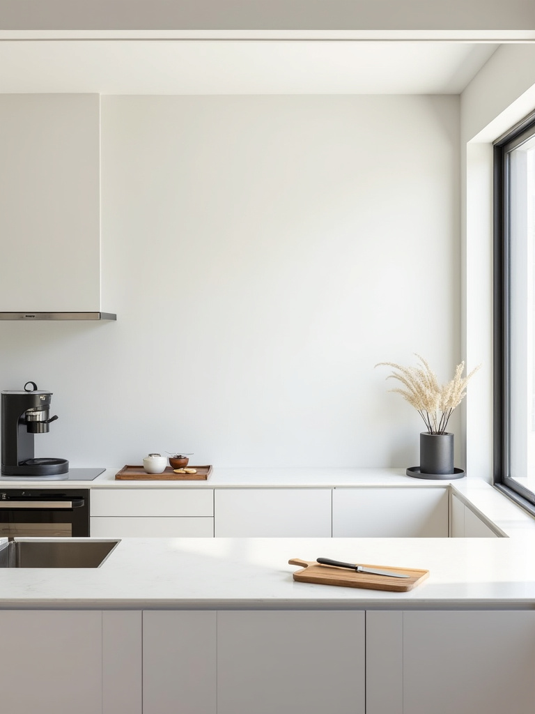 A meticulously organized modern kitchen countertop showing distinct activity zones, optimized for efficient Kitchen Countertop Organization.