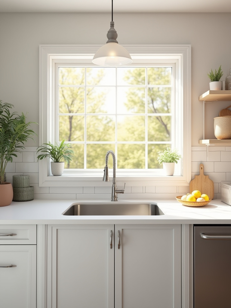 Modern kitchen with a large stainless steel sink integrated into a white quartz island countertop, demonstrating optimized workflow and strategic sink placement for efficiency.