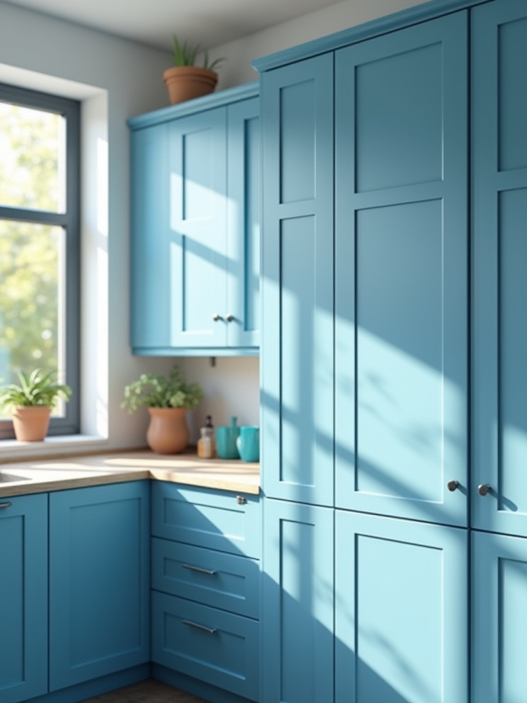 A modern kitchen with blue cabinets, showing how natural light from a window illuminates and changes the perceived tone of the blue cabinets across different surfaces, highlighting light and shadow interplay.