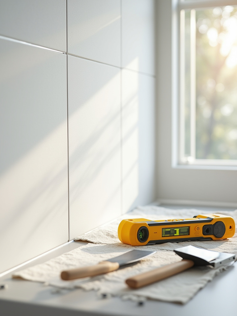 Image showing professional backsplash installation preparation with a laser level and clean wall, emphasizing avoiding common mistakes for a flawless finish.