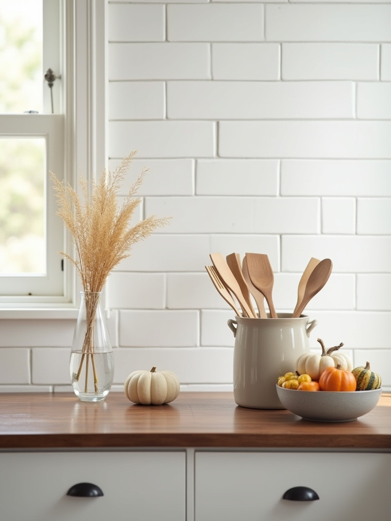 Minimalist kitchen countertop decor featuring foundational neutral stoneware crock and silver fruit bowl, with autumn seasonal accents of wheat stalks and miniature pumpkins under soft natural light.