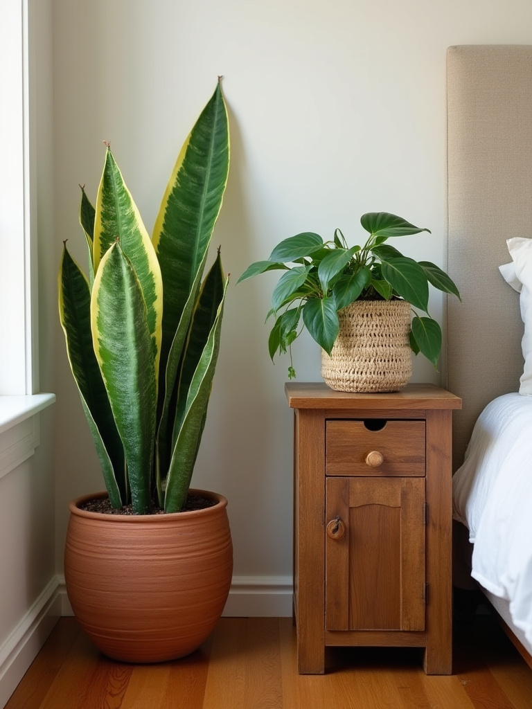 Snake plant in a terracotta pot and Pothos in a woven basket on a reclaimed wood nightstand in a rustic bedroom.