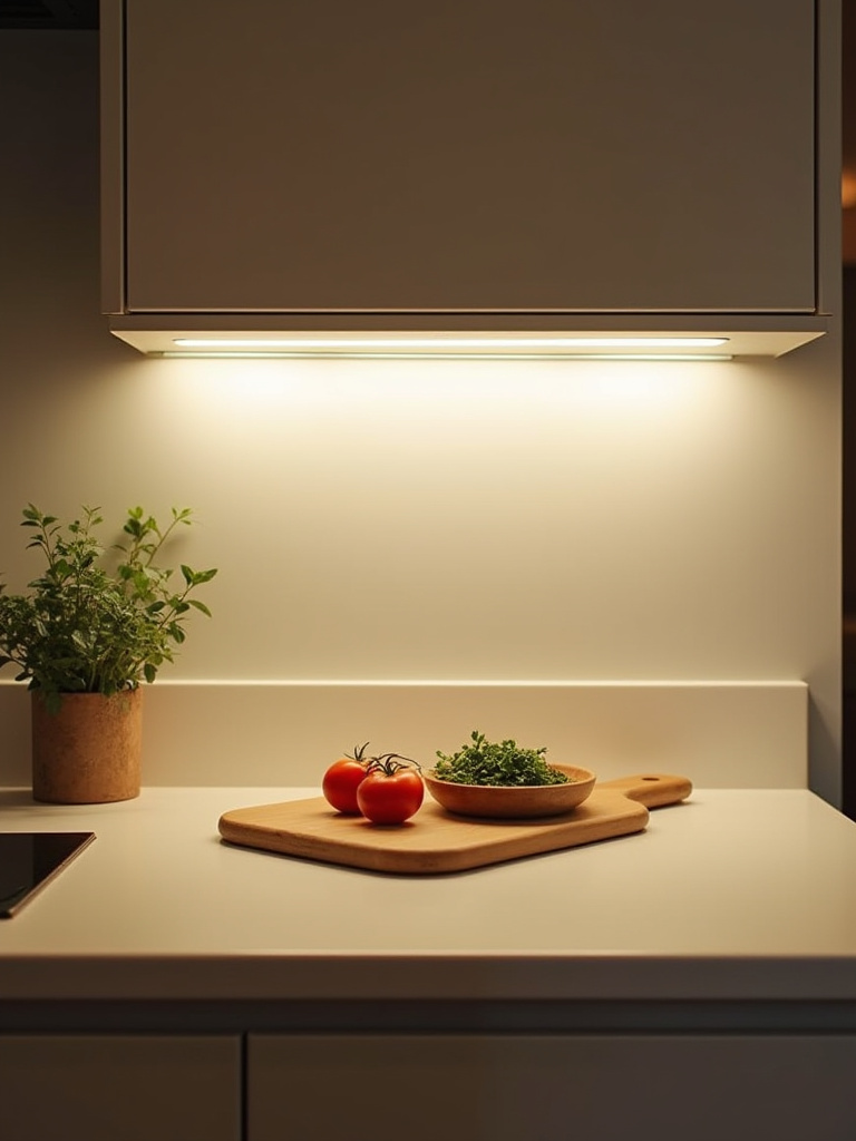 Close-up of a brightly lit kitchen countertop in a small kitchen, featuring seamless warm LED under-cabinet lighting. Fresh vegetables on a cutting board are perfectly illuminated, enhancing visibility. The lighting makes the small workspace appear larger and more functional. Modern white cabinets and a light countertop are visible, creating a clean aesthetic. No people.