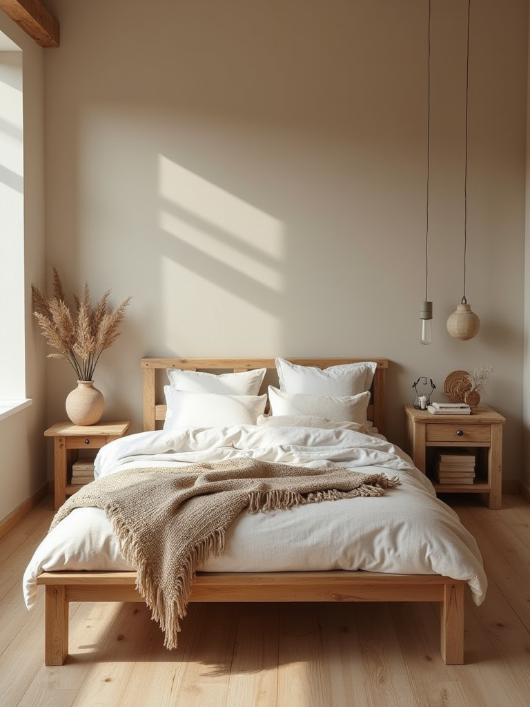 A rustic bedroom with warm neutral walls, natural wood flooring, and cream linen bedding, showcasing a serene and inviting color palette.