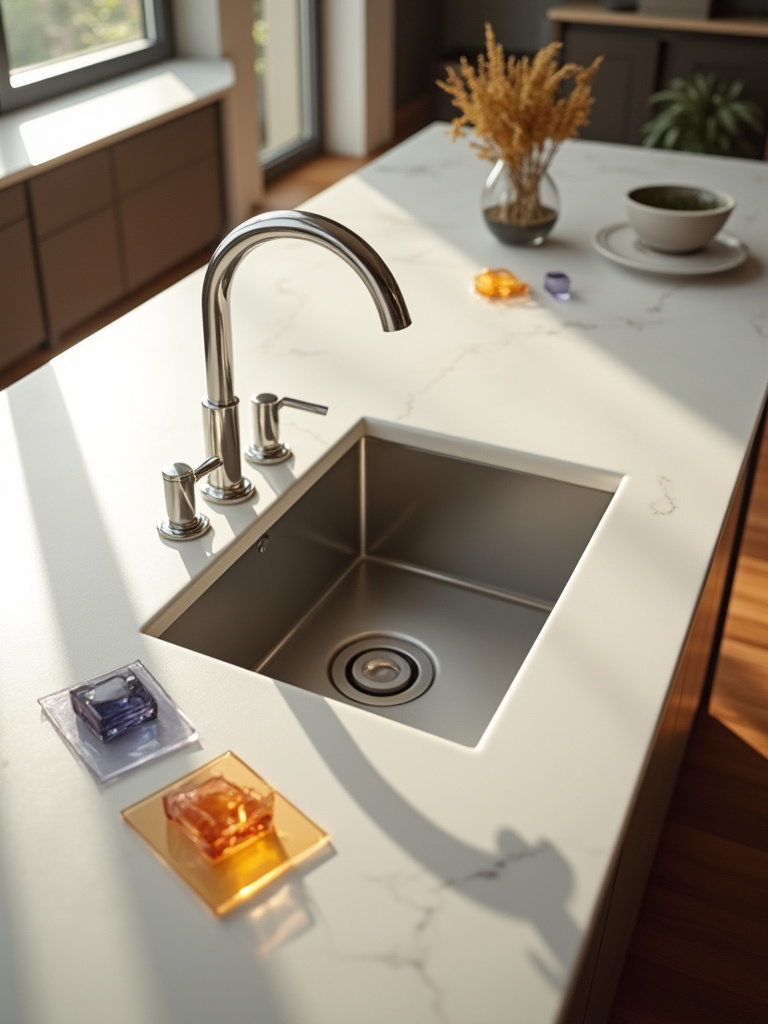 Modern kitchen countertop with an elegant sink and faucet, abstract colored shapes representing budget allocation, bathed in warm natural light, planning a kitchen sink budget.