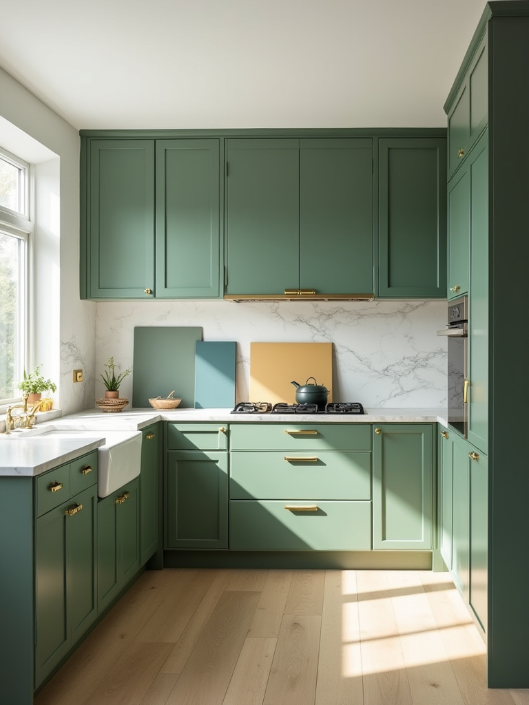 A modern kitchen featuring custom green cabinets with various subtle undertones and overtones, highlighting how different green shades interact with natural light, alongside marble countertops and brass hardware. Focuses on calibrating perfect green hues for a kitchen.