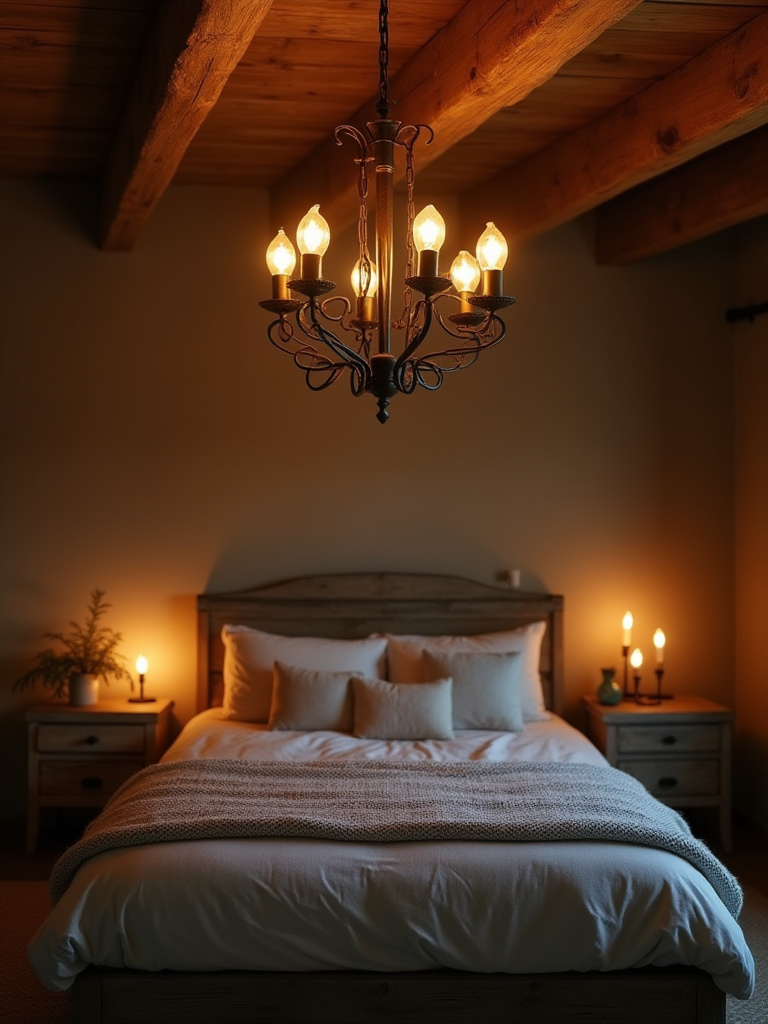 Rustic bedroom featuring a wrought iron chandelier with warm Edison bulbs casting a cozy ambient glow.