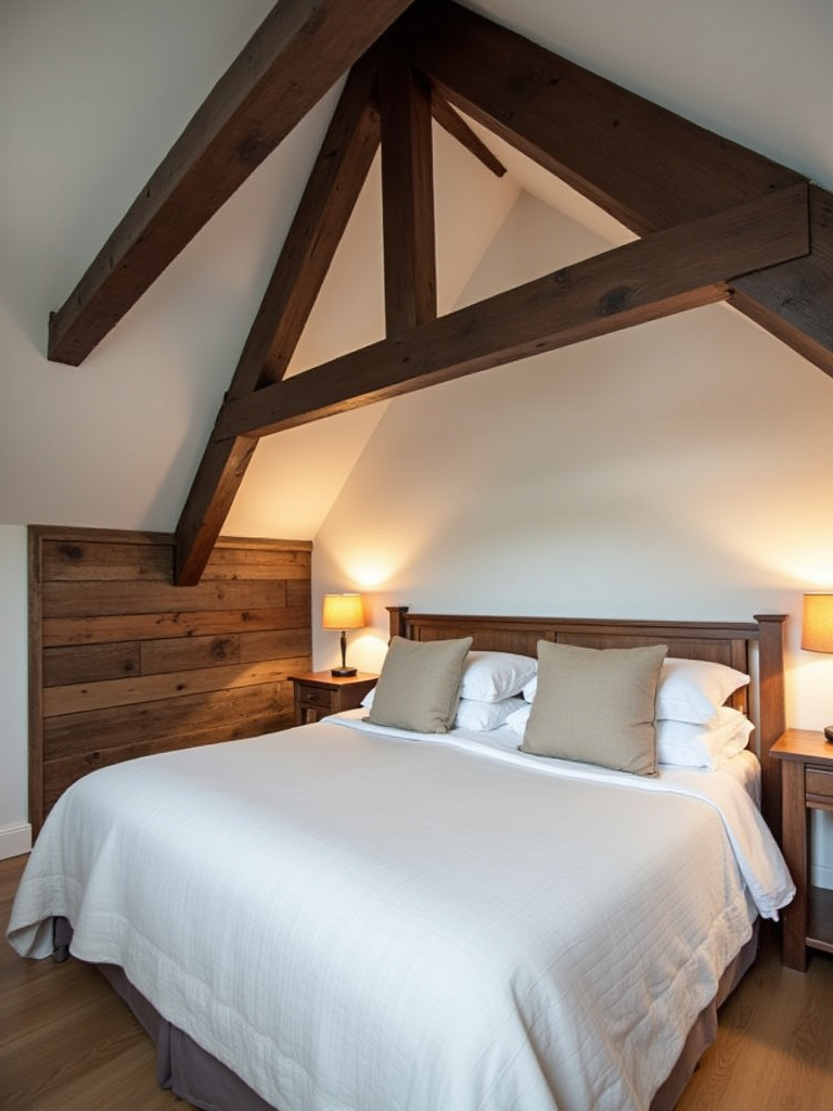 A rustic bedroom features a vaulted ceiling with dark exposed wood beams, white walls, and a cozy bed with linen bedding and a wooden nightstand.