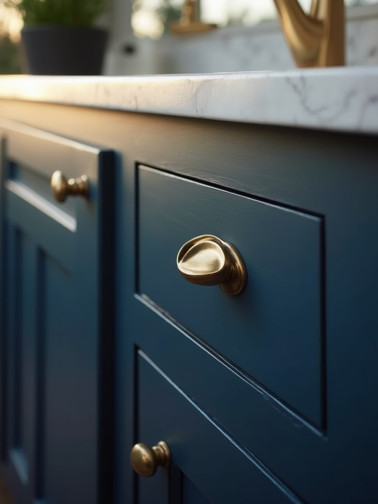Close-up of indigo blue Shaker kitchen cabinets adorned with elegant antique brass bin pulls and mushroom knobs, enhancing the cabinet's blue shade.