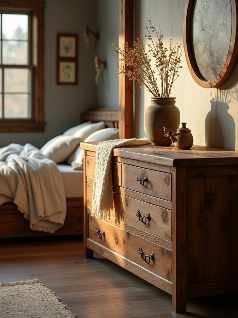 Reclaimed wood dresser with a distressed finish in a rustic bedroom, decorated with soft textiles and warm lighting.