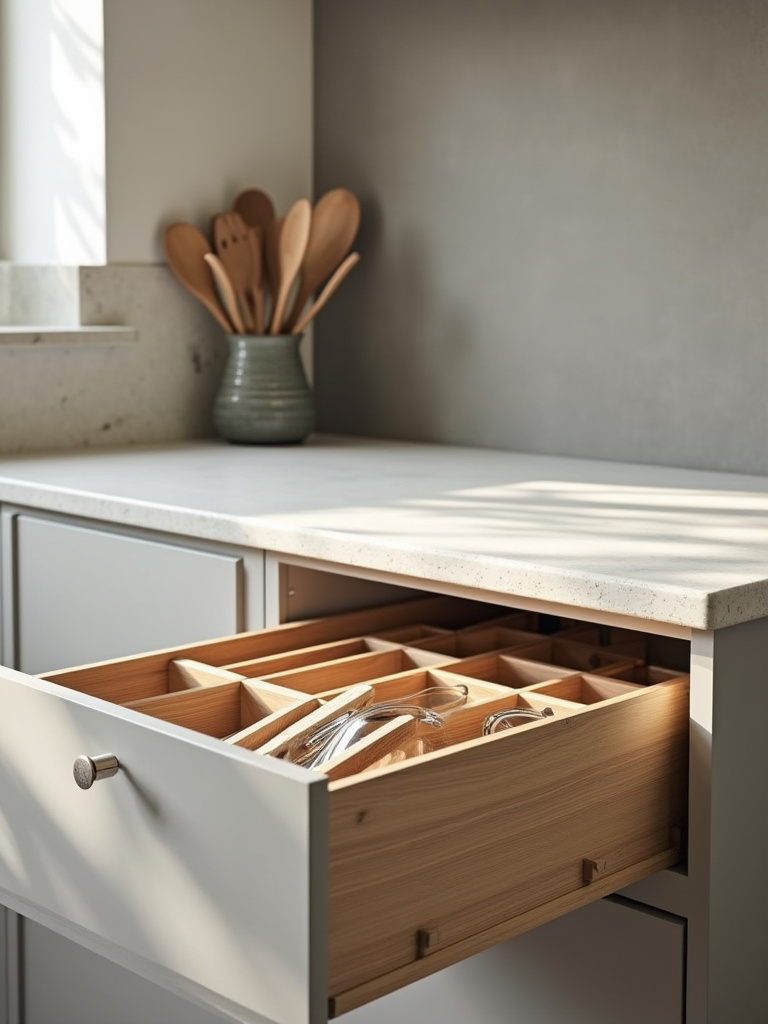 Kitchen countertop with seamlessly integrated bamboo drawer organizer, a matching minimalist spice rack, and a ceramic utensil crock, blending perfectly with modern kitchen decor, bathed in natural light, showcasing efficient and aesthetic blended storage.