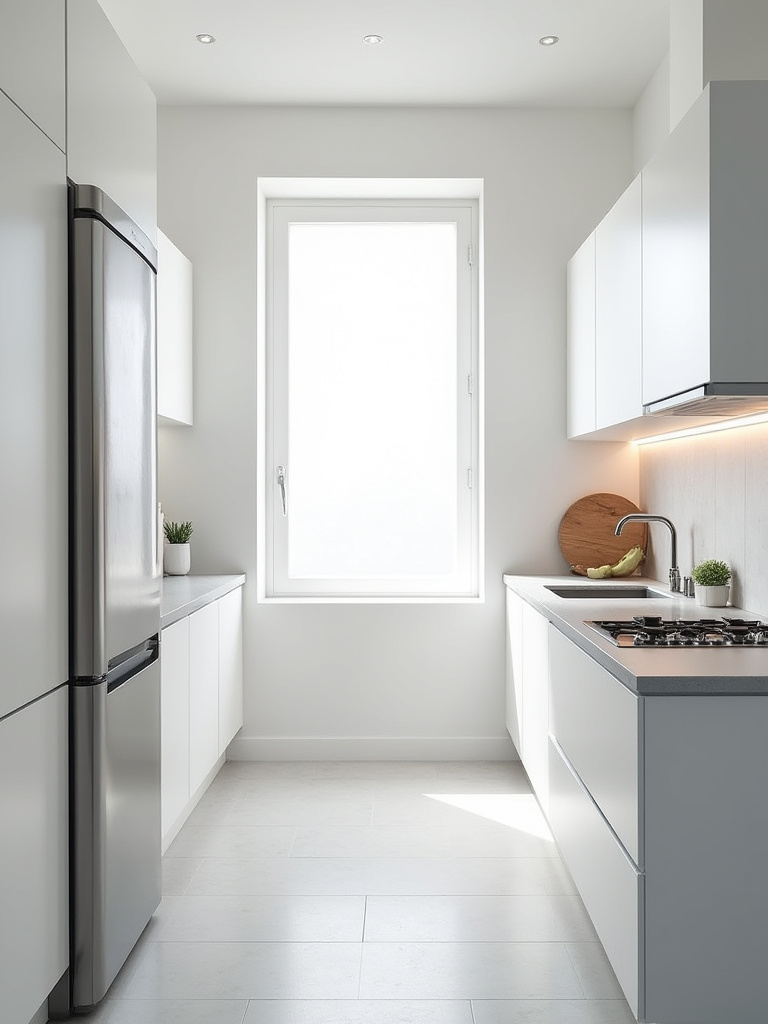 A modern small kitchen featuring integrated slimline dishwasher, compact induction cooktop, and narrow counter-depth refrigerator, all blending seamlessly with white cabinetry.