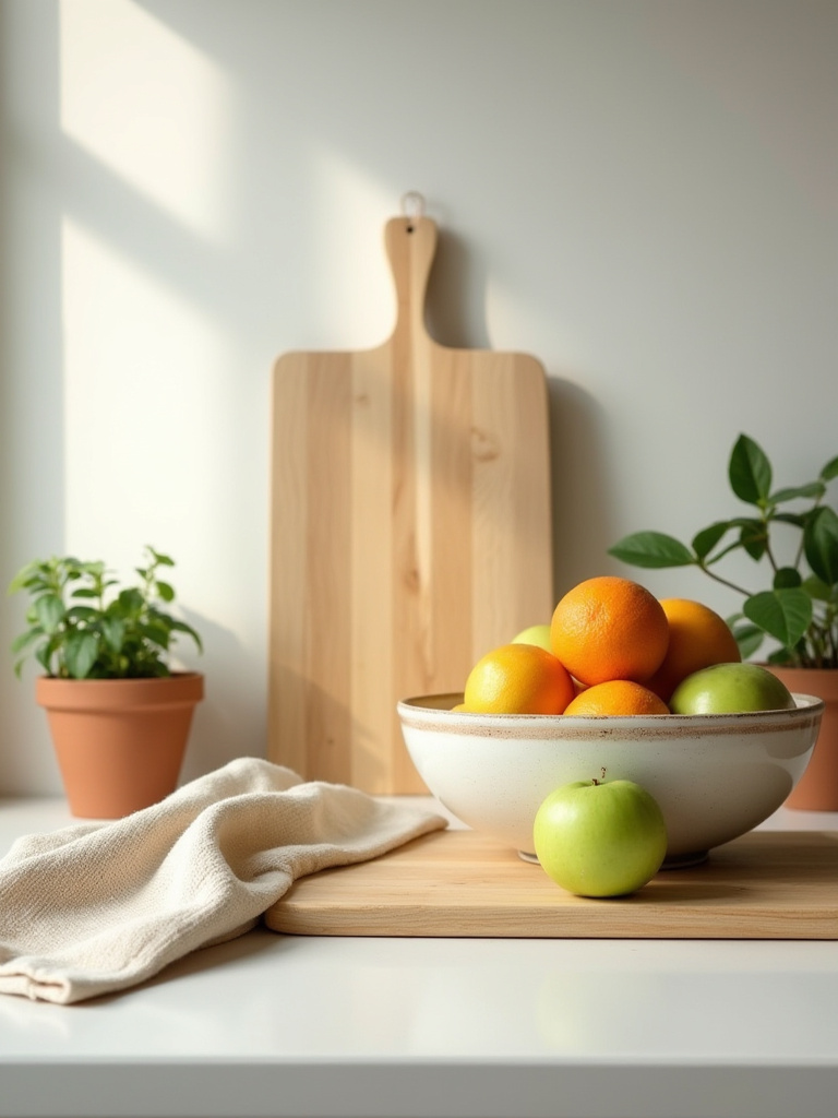 Kitchen countertop styled with various eco-friendly decor items including a reclaimed wooden cutting board, a handcrafted ceramic bowl filled with fresh produce, a small potted herb plant, and organic cotton kitchen towels, all bathed in soft natural light.