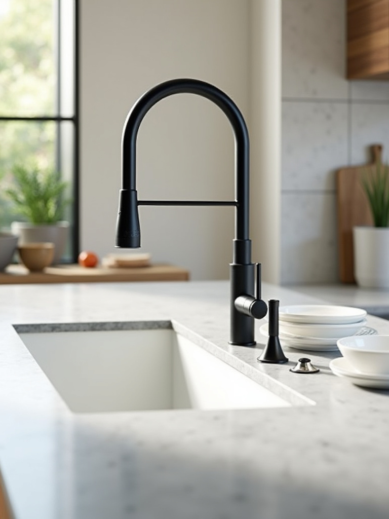 Modern kitchen featuring a matte black high-arc pull-down faucet, white apron front sink, and quartz countertops, demonstrating ergonomic and aesthetic faucet design.