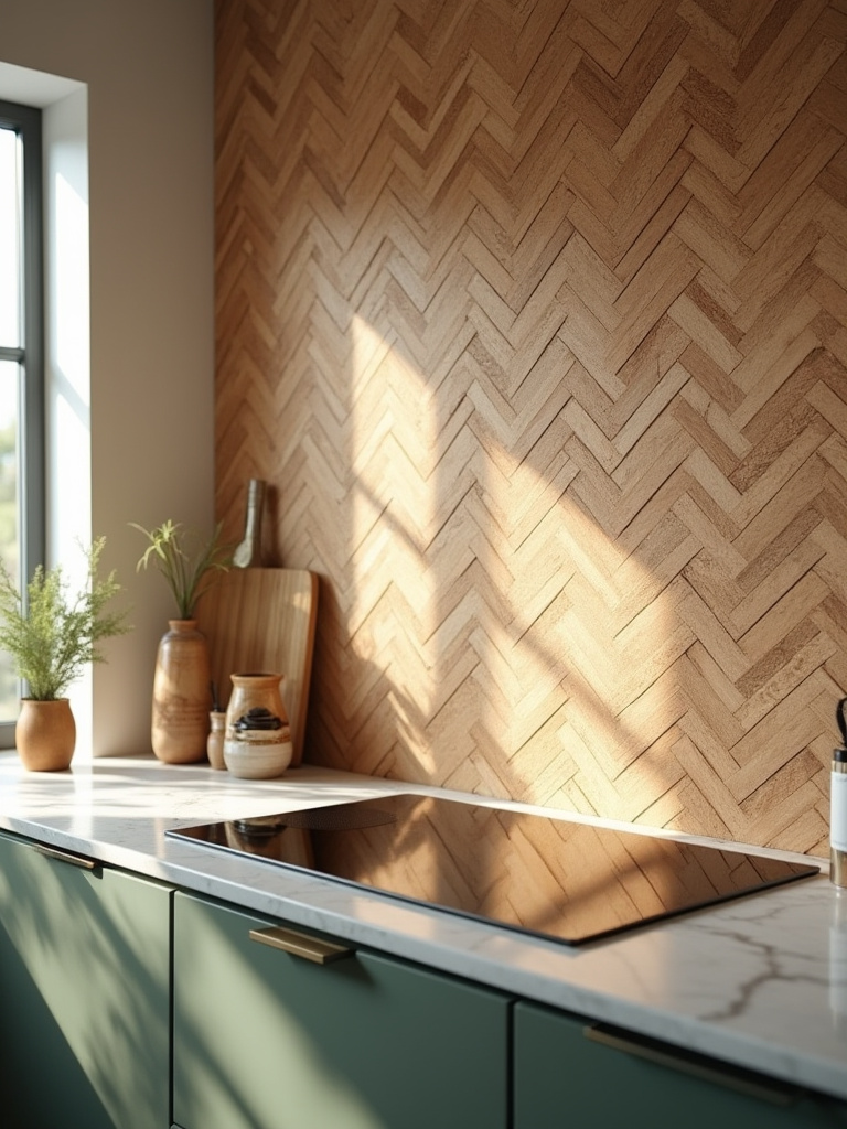 Portrait image of a modern kitchen with a textured, eco-friendly cork tile backsplash in a herringbone pattern, reflecting sustainable design principles for a greener home.