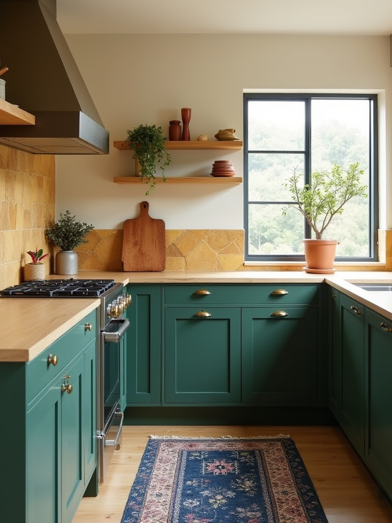 Green kitchen with a cohesive color narrative: forest green cabinets, ochre backsplash, creamy walls, and brass accents, bathed in natural light.