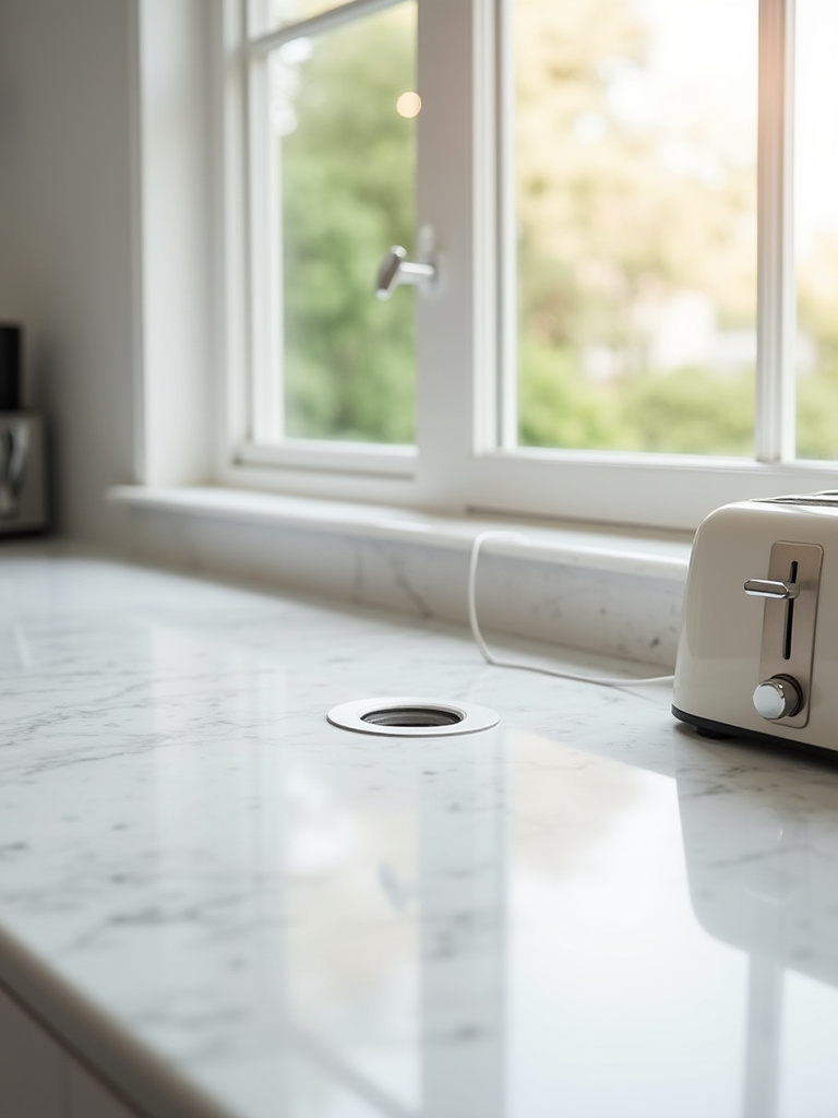 Modern kitchen countertop with a concealed pop-up electrical outlet, blending seamlessly into the stone, surrounded by clean decor. An example of effective kitchen outlet concealment.