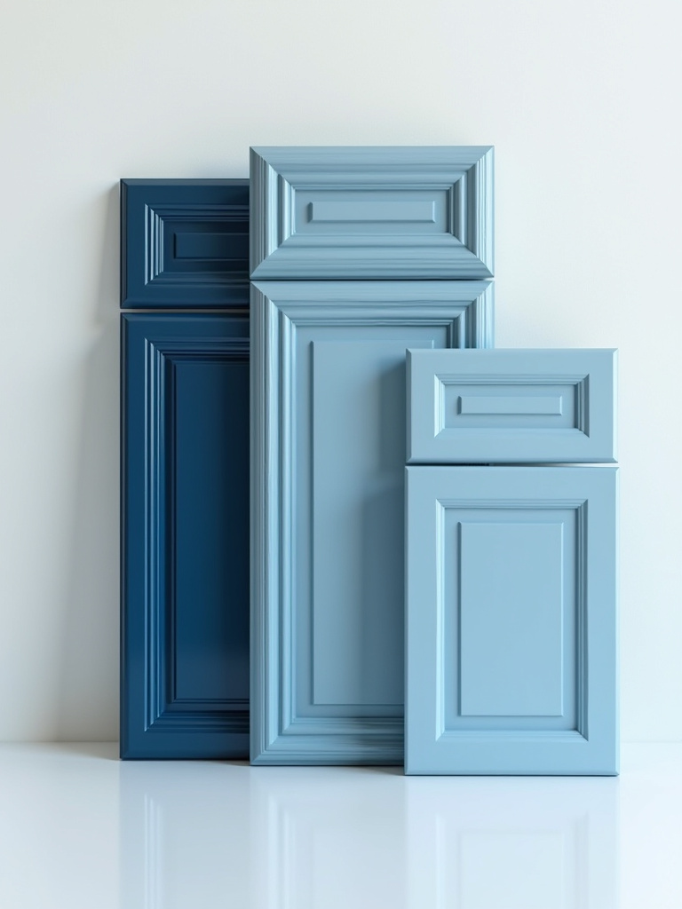 Comparison of custom, semi-custom, and stock blue kitchen cabinet doors showcasing different styles and finishes for design consideration.