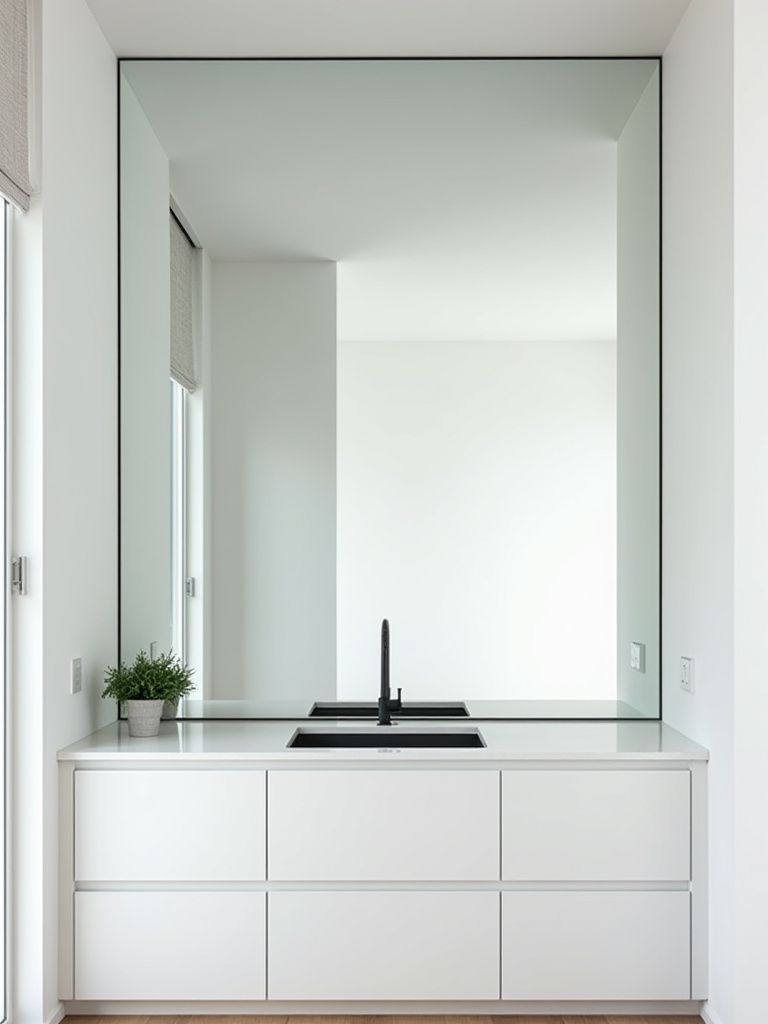 Modern kitchen with a full-height clear mirror backsplash reflecting the space, visually enlarging a small kitchen and amplifying natural light.