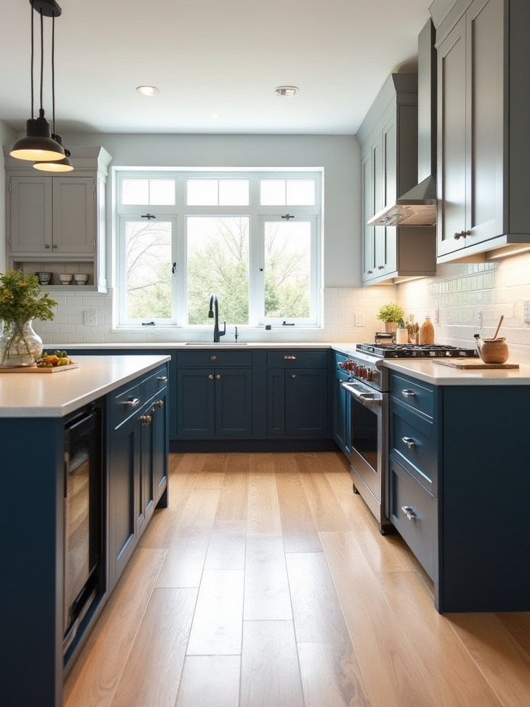 A modern kitchen featuring deep navy blue lower cabinets, light grey upper cabinets, and wide-plank light oak hardwood flooring, showcasing a sophisticated and seamless transition between cabinets and floor.