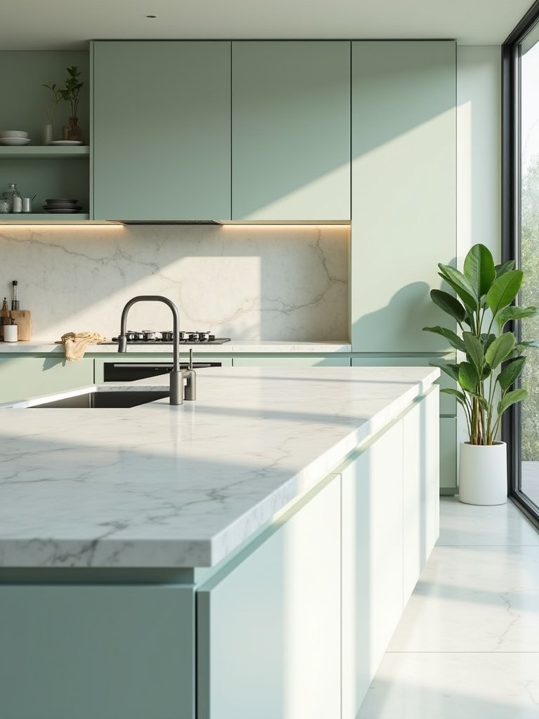 Modern kitchen with sage green cabinets and a large Carrara marble countertop featuring subtle grey veins and a waterfall edge.
