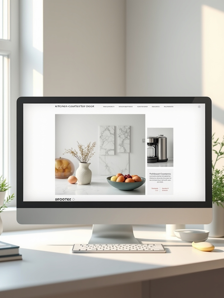 A digital mood board on a computer screen displaying organized images of elegant kitchen countertop decor, including marble samples, small appliances, and greenery, against a minimalist background, demonstrating visual planning for kitchen design.