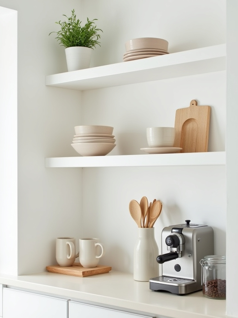 Curated display on white open shelves and a light kitchen counter in a small kitchen, featuring ceramic bowls, a potted herb, wooden utensils, and an organized coffee station.