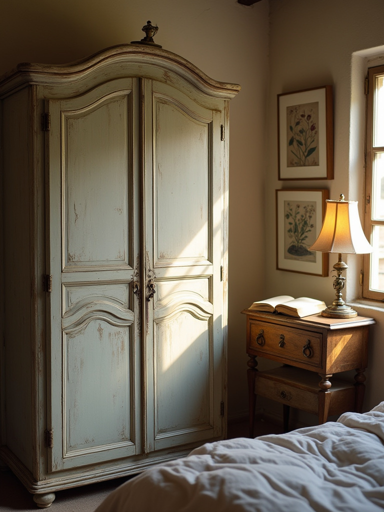 A rustic bedroom scene featuring a tall antique armoire with intricate details, flanked by a vintage wooden bedside table holding old books and a brass lamp, demonstrating curated vintage finds for character.