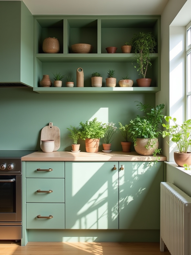 Open-plan kitchen with emerald green cabinets flowing into a living room with cohesive green and wood elements, demonstrating seamless visual transition, professional interior design photo