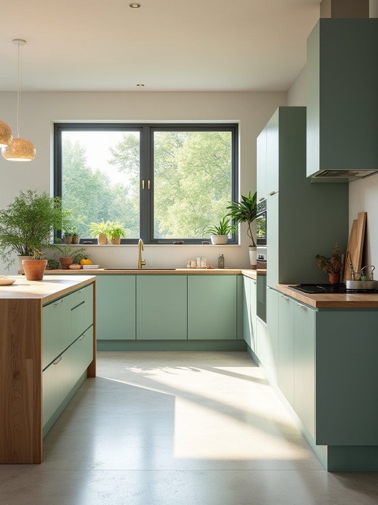 A modern kitchen featuring calming sage green cabinets, complemented by warm wooden accents and abundant natural light, evoking a serene and psychologically harmonious culinary environment.