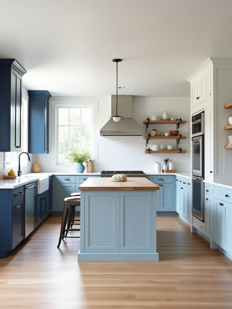 Conceptual kitchen scene illustrating modern navy blue cabinets, farmhouse duck-egg blue cabinets, and coastal sky blue beadboard cabinets, representing different kitchen styles.